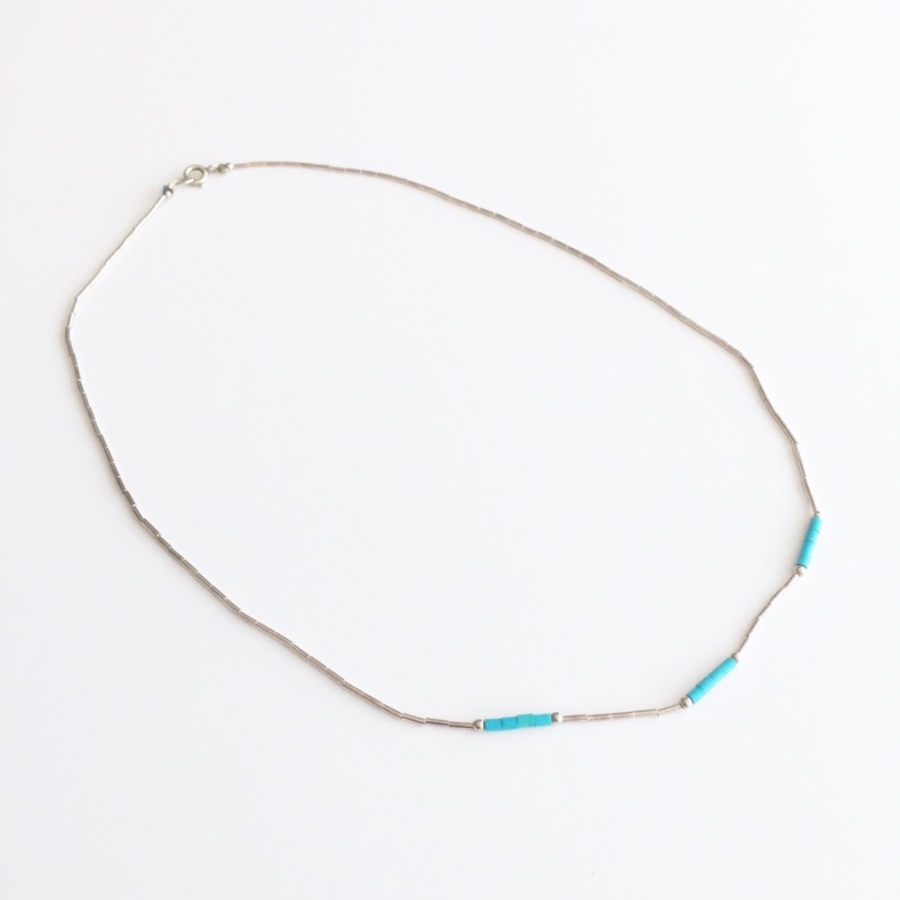 Sterling silver and turquoise tube bead dainty necklace - Picture 2 of 7